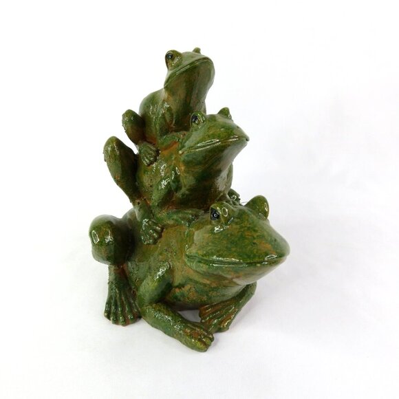 Frog Figurine 3 Stacked Green Frogs  Glazed Realistic 6" x 6" Toad - Picture 3 of 11